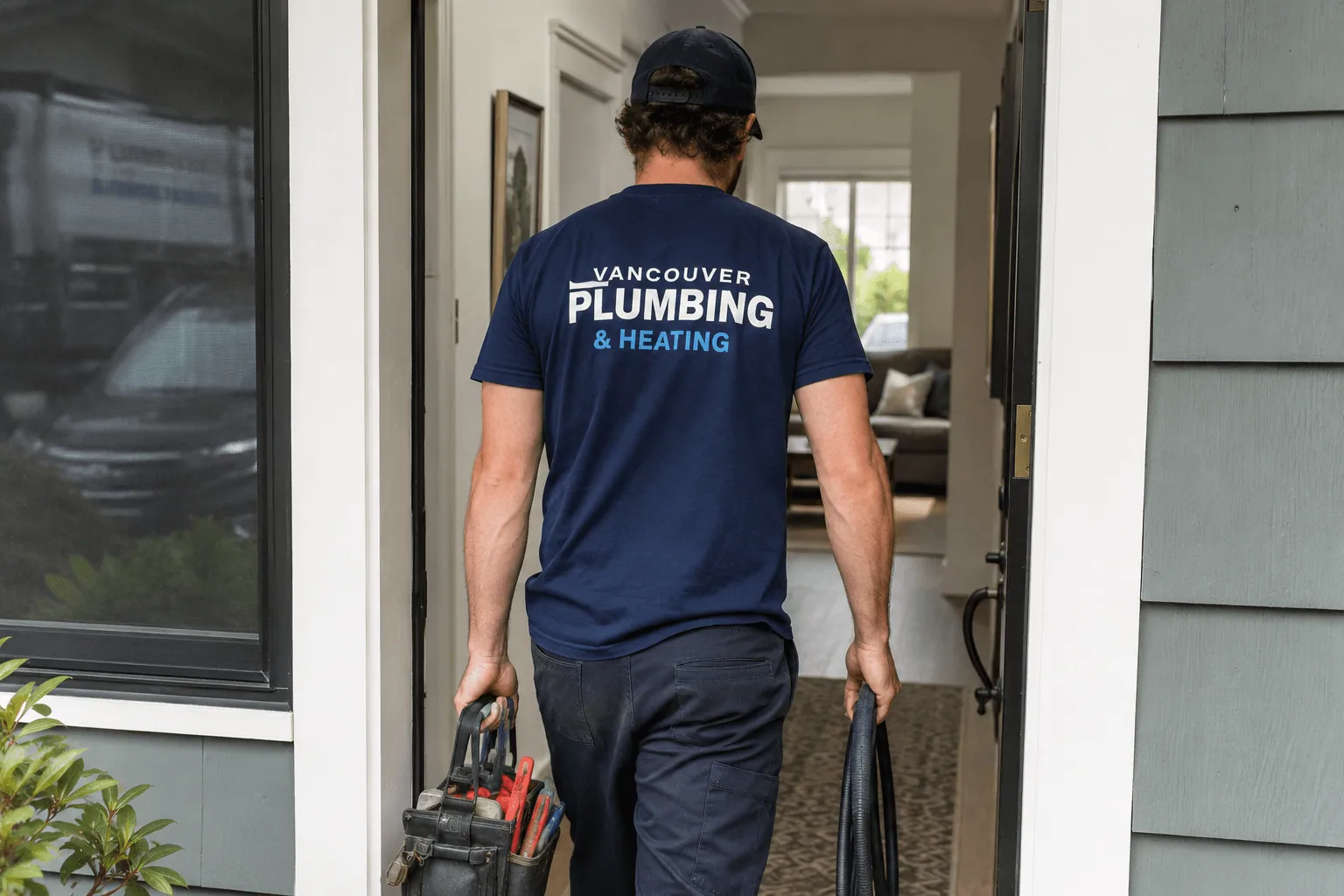 Plumbing and heating technician arriving at a Vancouver home